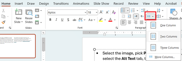 PowerPoint's column selector options listing one, two , three or more columns