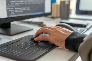 A man uses a Braille keyboard to navigate digital content on his computer.